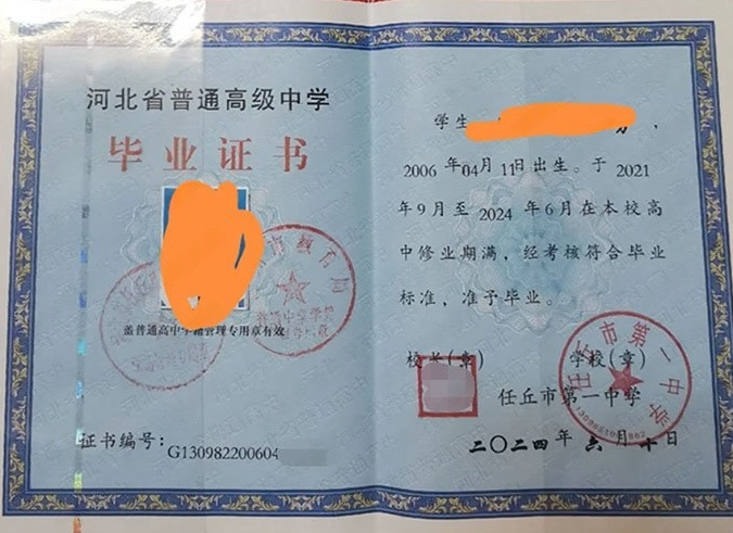 贵港任丘市第一中学高中毕业证样本图片